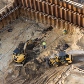 Das Bild zeigt eine Baustelle mit drei Arbeitern in Warnkleidung und Helmen sowie zwei großen Baumaschinen, darunter ein Bagger und ein Radlader. Die Umgebung ist von Metallwänden eingefasst, der Boden besteht aus Sand und Erde mit sichtbaren Grabungsarbeiten.