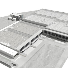 Grafisches Modell zeigt Luftaufnahme eines großen Industriekomplexes mit mehreren rechteckigen Flachdachgebäuden, Laderampen an den Seiten und einem kleineren Nebengebäude mit zylindrischen Tanks im Hintergrund, umgeben von befestigten Flächen.