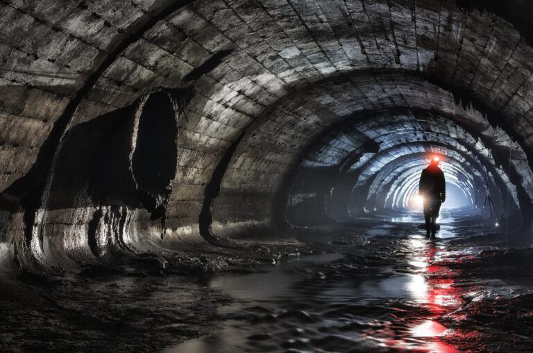 Eine Person mit Stirnlampe geht durch einen dunklen, feuchten Tunnel mit gewölbtem Deckengewölbe. Der Boden ist nass und reflektiert das Licht der Lampe, während die Tunnelwände aus Beton oder Stein bestehen.