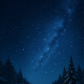 Das Bild zeigt eine winterliche Landschaft unter einem klaren Sternenhimmel. Im Vordergrund steht eine kleine Hütte mit warm leuchtendem Fenster, umgeben von schneebedeckten Tannen. Der Himmel ist tiefblau und voller Sterne, darunter eine deutlich sichtbare Milchstraße, die sich über die Szene erstreckt.