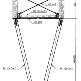 Das Bild zeigt eine technische Zeichnung einer Konstruktion mit mehreren Maßangaben. Oben befindet sich ein rechteckiger Rahmen mit Querstreben und diagonalen Verstrebungen, die als Kippverband gekennzeichnet sind. Von diesem Rahmen verlaufen zwei schräge Rohre nach unten, die sich an einem schmalen unteren Punkt treffen, wodurch eine V-förmige Struktur entsteht. Alle Rohre sind mit genauen Durchmessern und Materialangaben versehen, und die Zeichnung enthält detaillierte Maße für Breite, Höhe und Abstände.