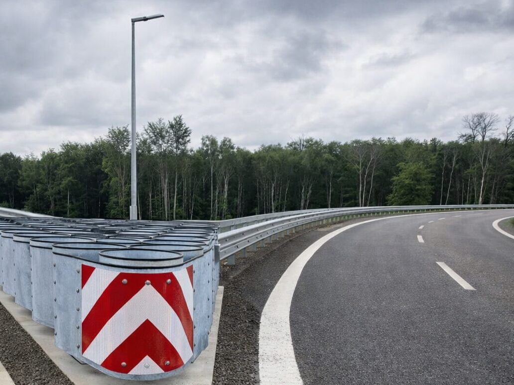 Auf dem Bild ist eine Straßenkurve mit Leitplanke zu sehen, die durch eine bewaldete Landschaft führt. Im Vordergrund befindet sich ein Aufpralldämpfer aus mehreren metallischen Elementen, der am Anfang der Leitplanke installiert ist. Der Himmel ist bewölkt und die Szene wirkt ruhig ohne sichtbaren Verkehr.