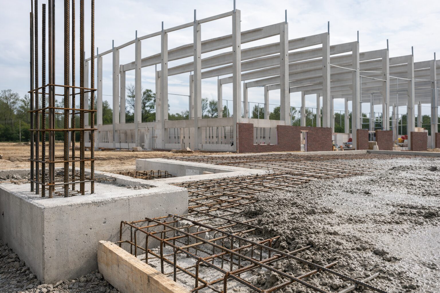 Auf dem Bild ist eine Baustelle mit dem Rohbau eines Gebäudes zu sehen, bestehend aus Betonstützen und Trägern. Im Vordergrund befinden sich Stahlbewehrungen und frisch gegossener Beton, die die Grundlage der Konstruktion bilden. Im Hintergrund sind weitere Bauelemente sowie eine teilweise errichtete Mauer erkennbar.