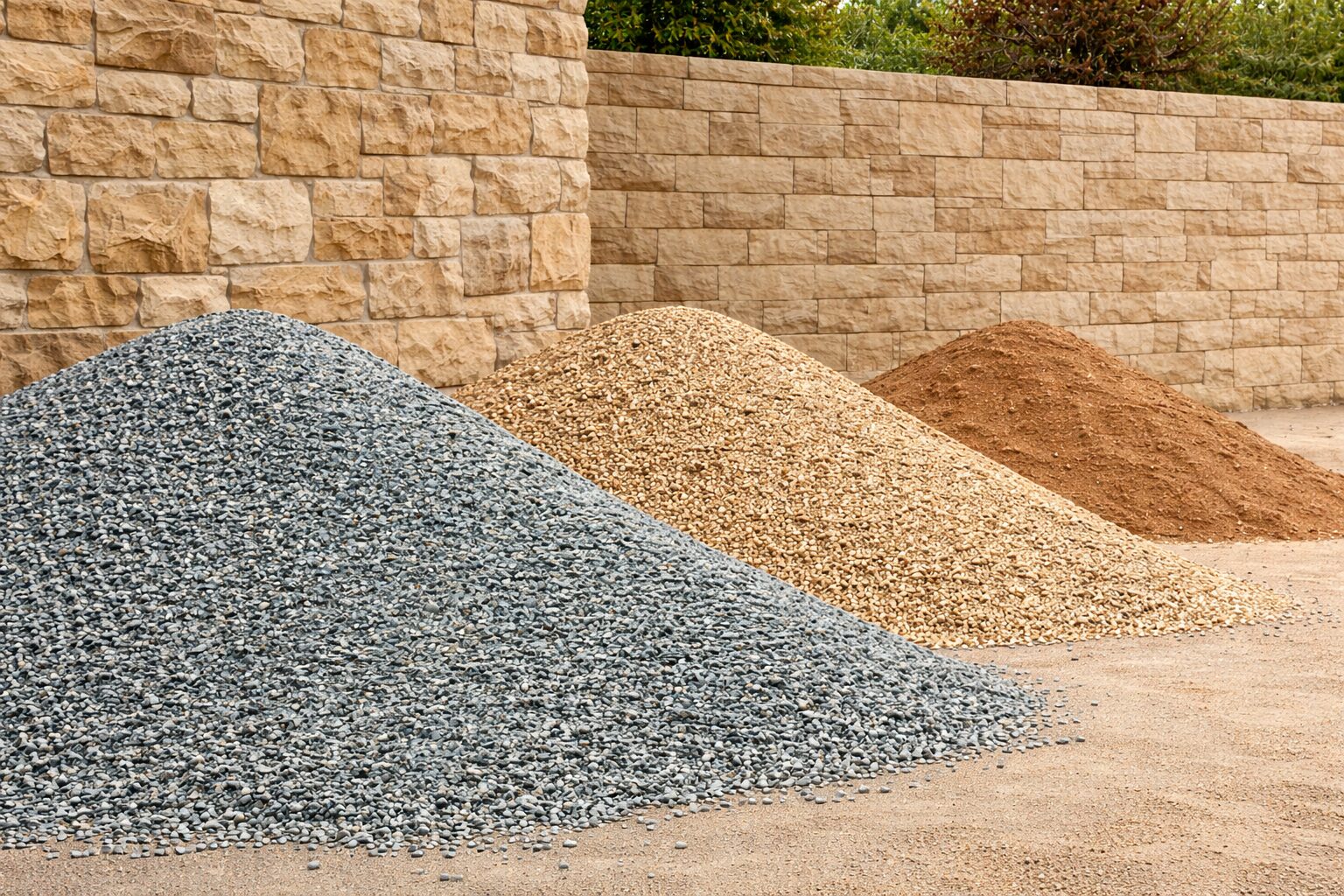Auf dem Bild sind mehrere Haufen von Baumaterialien wie Kies, Schotter und Erde zu sehen, die nebeneinander aufgeschüttet sind. Im Hintergrund befindet sich eine strukturierte Steinmauer, die die Szene einrahmt. Die unterschiedlichen Farben und Körnungen der Materialien heben sich deutlich voneinander ab.