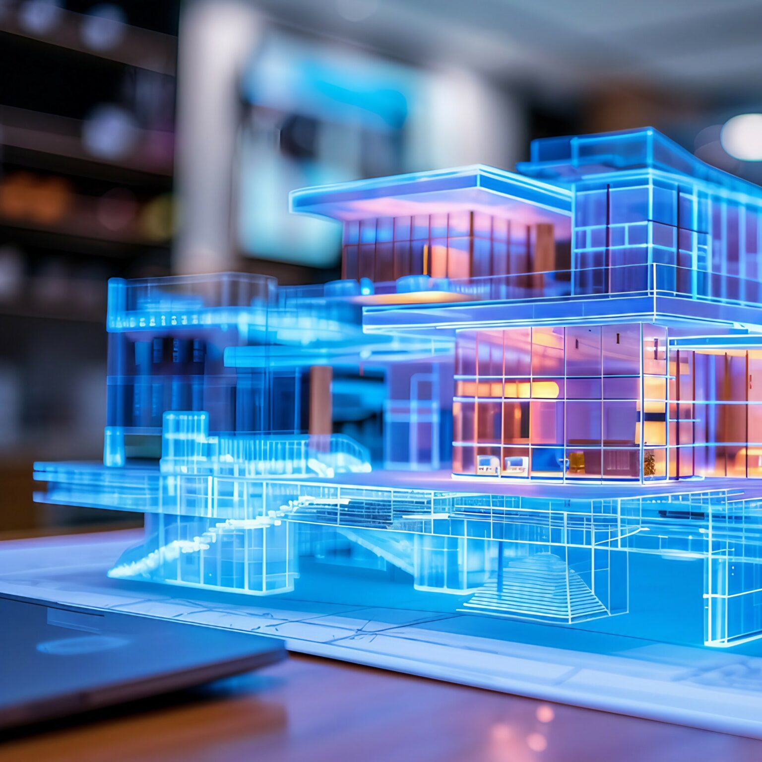 Auf dem Bild ist ein digitales Gebäudemodell zu sehen, das in leuchtenden Blau- und Violetttönen dargestellt wird. Die transparente Darstellung zeigt verschiedene Ebenen, Räume und architektonische Details eines modernen Bauwerks. Der unscharfe Hintergrund und die technische Visualisierung vermitteln den Eindruck einer digitalen Planungs- oder Simulationsumgebung.