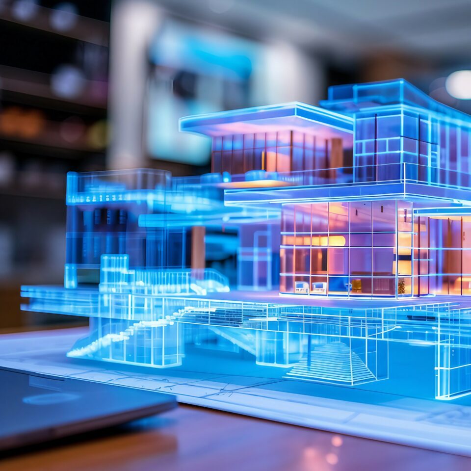 Auf dem Bild ist ein digitales Gebäudemodell zu sehen, das in leuchtenden Blau- und Violetttönen dargestellt wird. Die transparente Darstellung zeigt verschiedene Ebenen, Räume und architektonische Details eines modernen Bauwerks. Der unscharfe Hintergrund und die technische Visualisierung vermitteln den Eindruck einer digitalen Planungs- oder Simulationsumgebung.