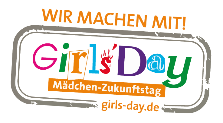 > Logo des Girls’Day – Mädchen-Zukunftstags mit dem Schriftzug „Wir machen mit!“ und der Internetadresse girls-day.de.