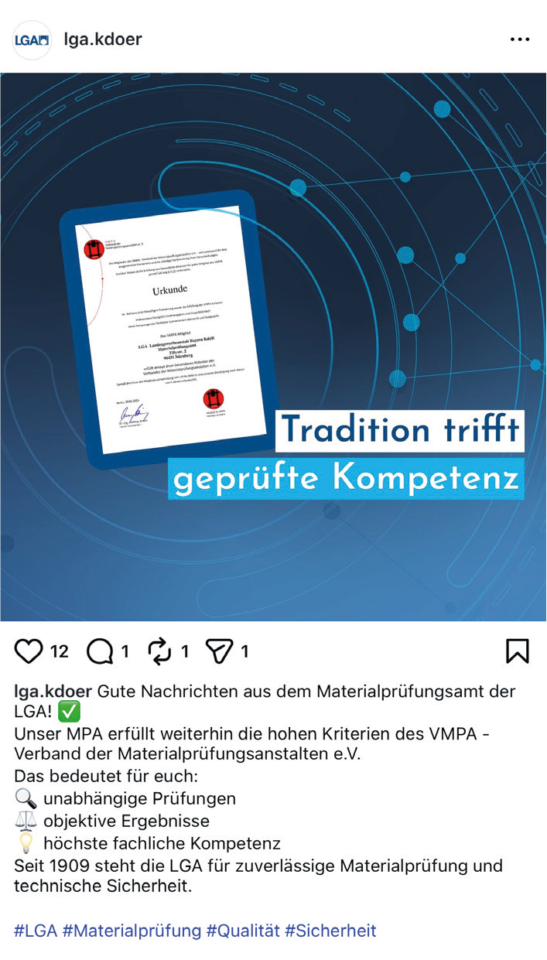 > Screenshot eines Instagram-Beitrags der LGA zur erfolgreichen Bestätigung der VMPA-Anerkennung des Materialprüfungsamts mit Urkunde und dem Schriftzug „Tradition trifft geprüfte Kompetenz“.