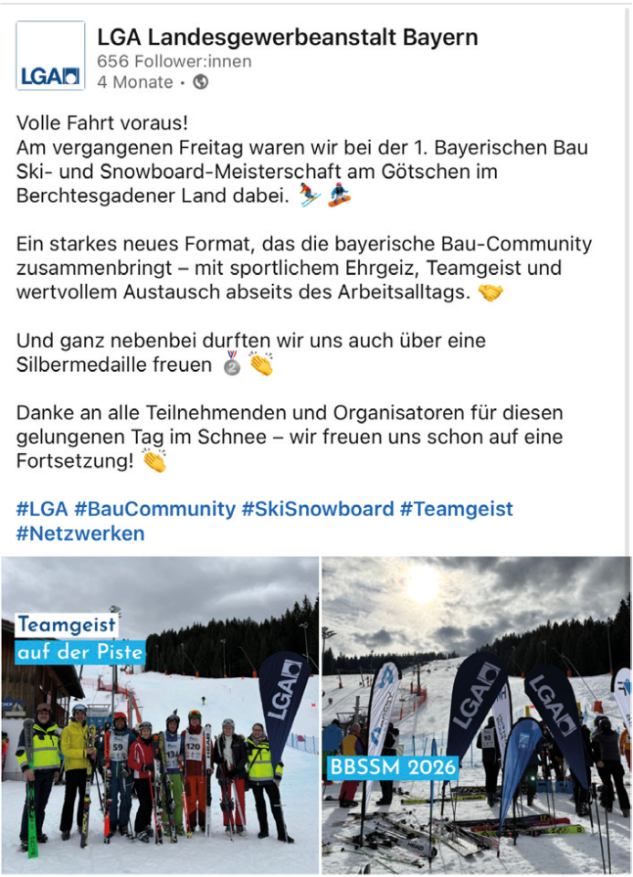 > Screenshot eines LinkedIn-Beitrags der LGA zur Bayerischen Bau Ski- und Snowboard-Meisterschaft mit Fotos des LGA-Teams auf der Skipiste sowie der Veranstaltung am Götschen.