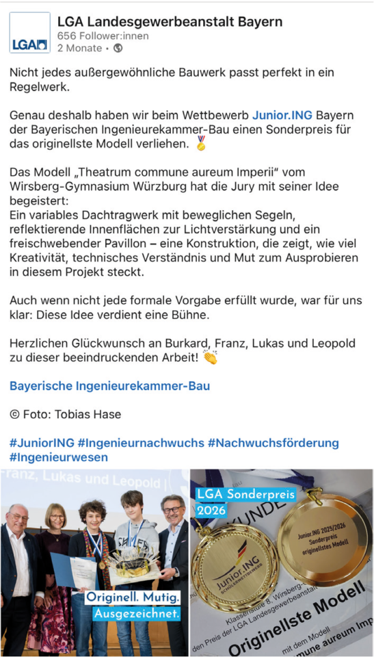 > Screenshot eines LinkedIn-Beitrags der LGA zur Verleihung eines Sonderpreises beim Wettbewerb Junior.ING Bayern mit Gruppenfoto der Preisträger und Abbildung der Auszeichnung „Originellstes Modell“.