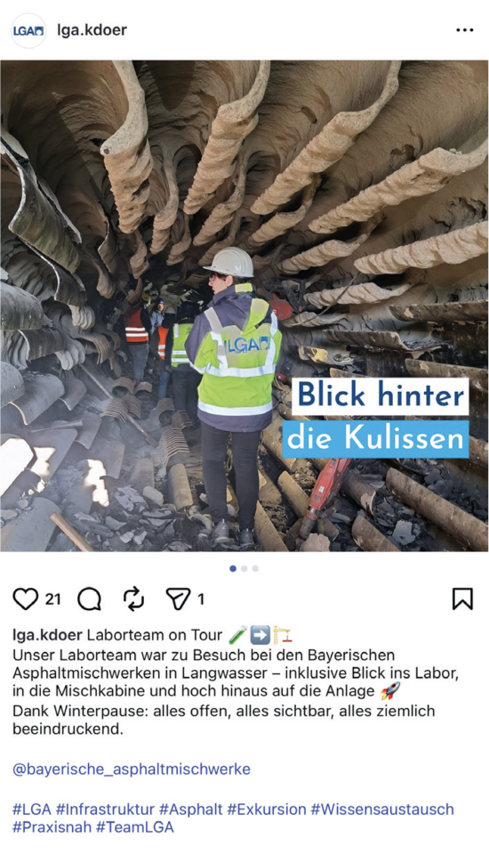 > Screenshot eines Instagram-Beitrags der LGA mit Einblicken in die Bayerischen Asphaltmischwerke. Zu sehen sind Mitarbeitende mit Schutzkleidung in einer Industrieanlage sowie der Schriftzug „Blick hinter die Kulissen“.