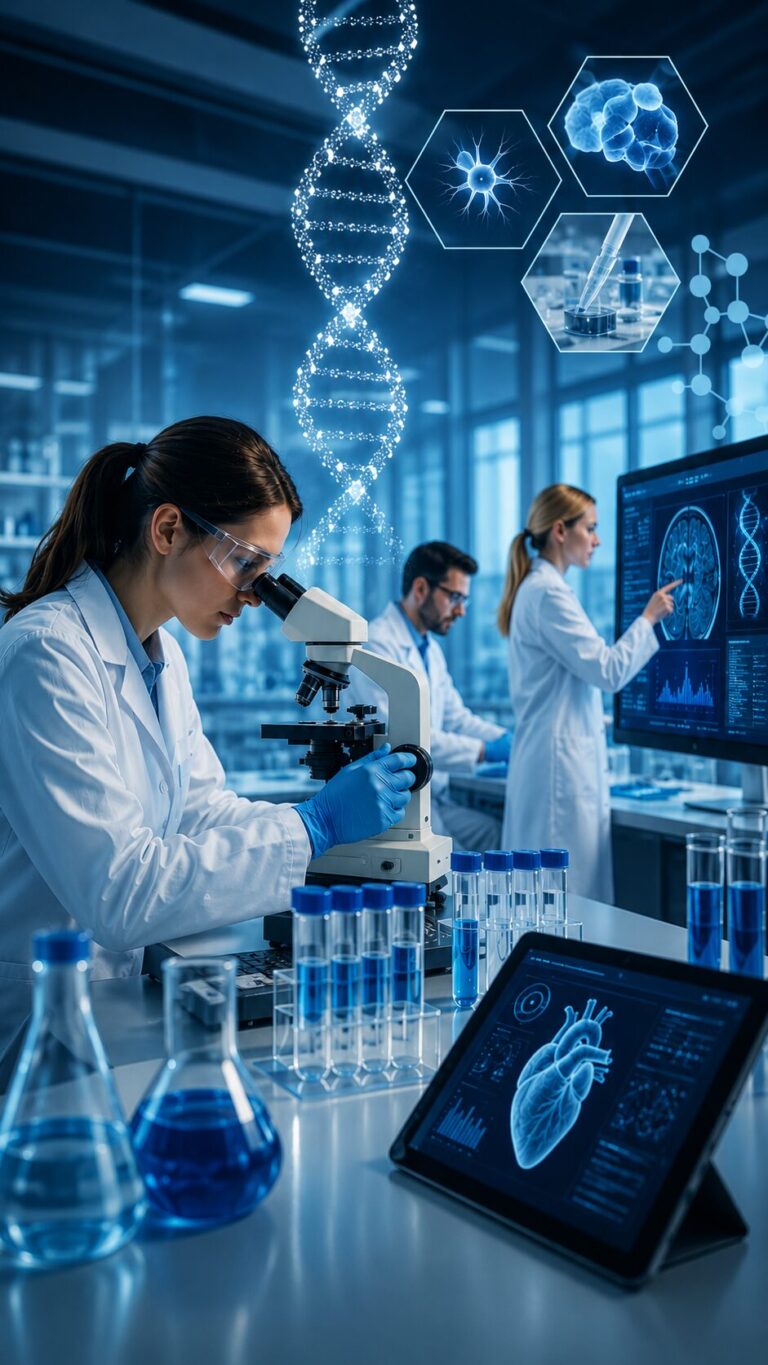 > Illustrative Darstellung eines modernen Forschungslabors mit Forschenden an Mikroskop und digitalen Analysegeräten. Visualisierte DNA-, Zell- und Molekülgrafiken stehen symbolisch für medizinische Spitzenforschung und interdisziplinäre Wissenschaft.