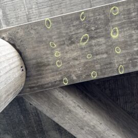 Auf dem Bild ist die Unterseite eines Betonbauwerks mit einer Reihe markierter Prüfpunkte zu sehen. Die farbigen Kreismarkierungen kennzeichnen Bereiche, die im Rahmen einer Bauwerksprüfung genauer untersucht oder dokumentiert werden. Im Hintergrund sind massive Betonstützen und Tragelemente der Konstruktion erkennbar.