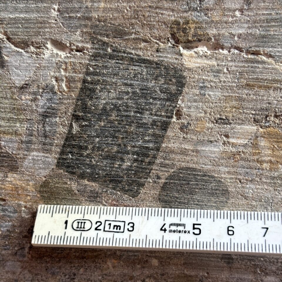 Auf dem Bild ist die Nahaufnahme einer Gesteinsoberfläche mit unterschiedlich gefärbten Mineralstrukturen zu sehen. Ein Zollstock liegt am unteren Bildrand und dient als Maßstab zur Dokumentation der Struktur und Größe der Gesteinsmerkmale. Die Aufnahme zeigt eine Materialprobe, die im Rahmen einer geologischen oder bautechnischen Untersuchung analysiert wird.