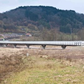 Moderne Brücke mit Metallgeländern über einer grasbewachsenen, leicht sumpfigen Fläche, getragen von mehreren Betonpfeilern; im Hintergrund bewaldete Hügel mit einzelnen Häusern.