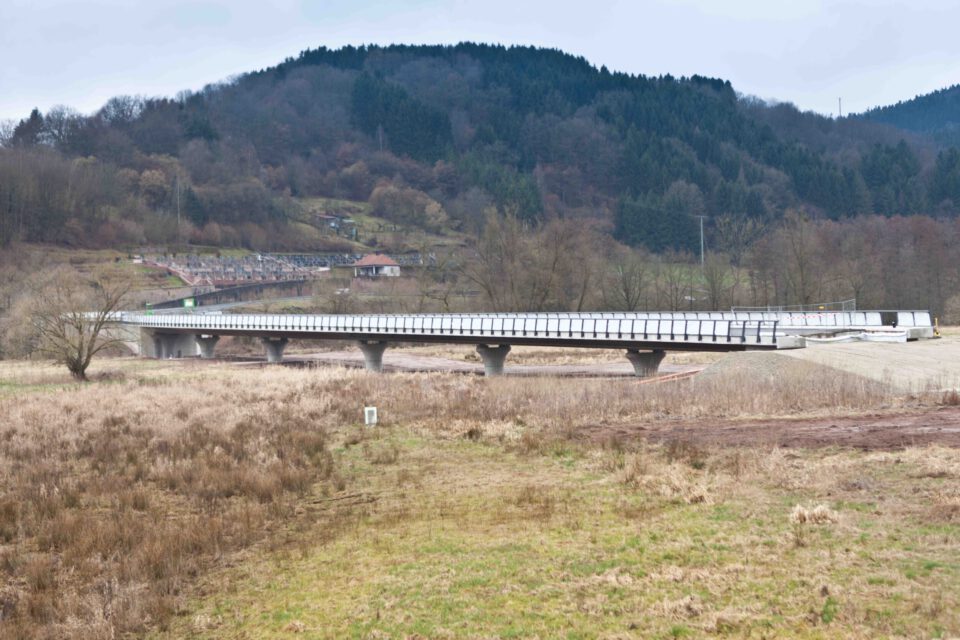 Moderne Brücke mit Metallgeländern über einer grasbewachsenen, leicht sumpfigen Fläche, getragen von mehreren Betonpfeilern; im Hintergrund bewaldete Hügel mit einzelnen Häusern.