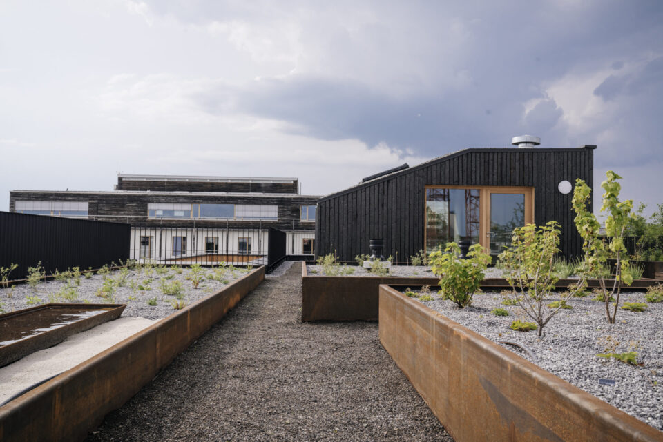 Modernes Gebäude mit dunkler Fassade, großen Fenstern und Holzelementen, auf dessen Dach sich ein Garten mit Hochbeeten, Kies und verschiedenen Pflanzen befindet; der Himmel ist teils bewölkt.
