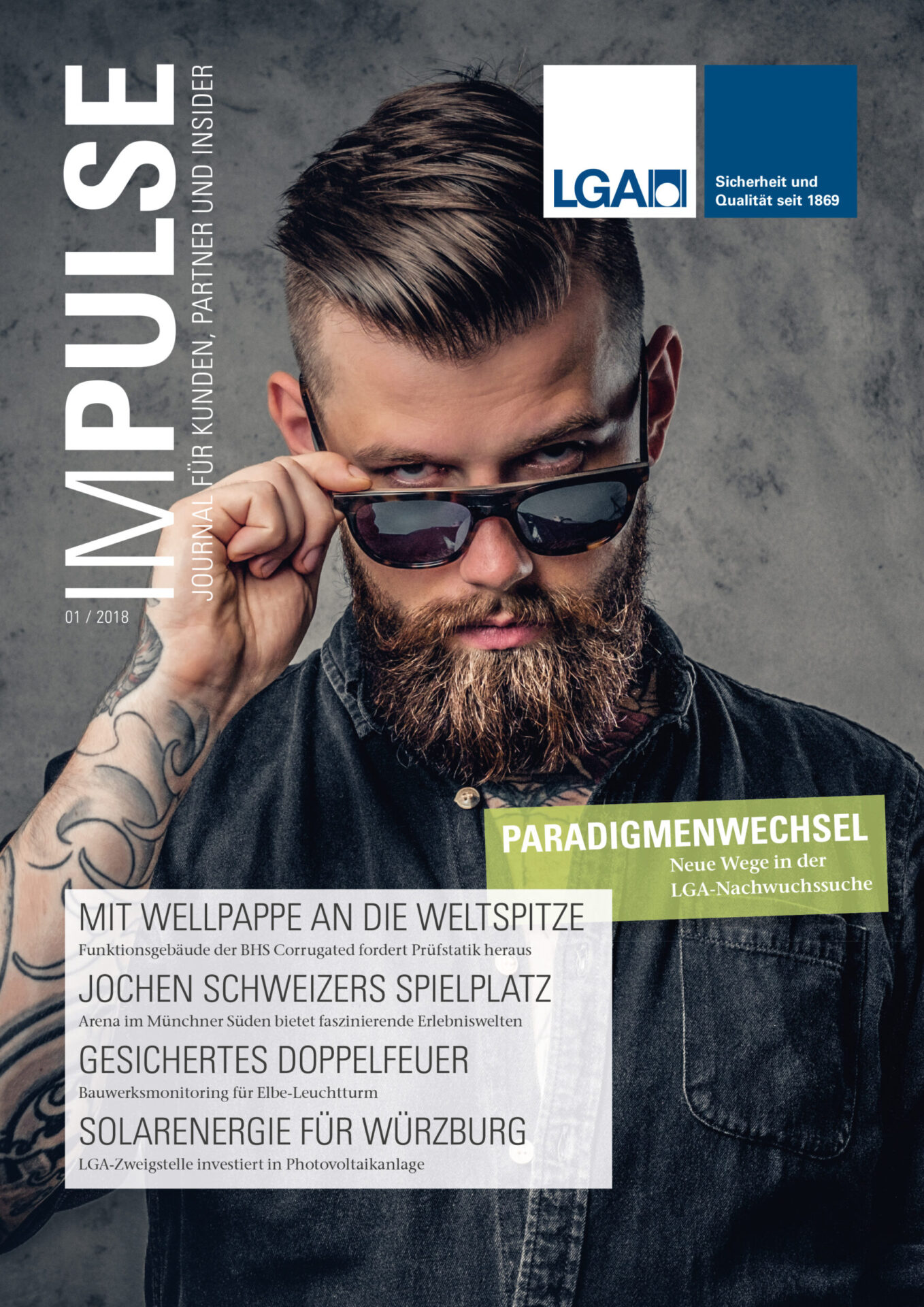 Auf dem Bild ist das Titelblatt einer Zeitschrift mit dem Namen „IMPULSE“ zu sehen. Im Hintergrund ist das Gesicht einer Person mit tätowierter Hand abgebildet. Die Gestaltung wirkt modern und dynamisch.