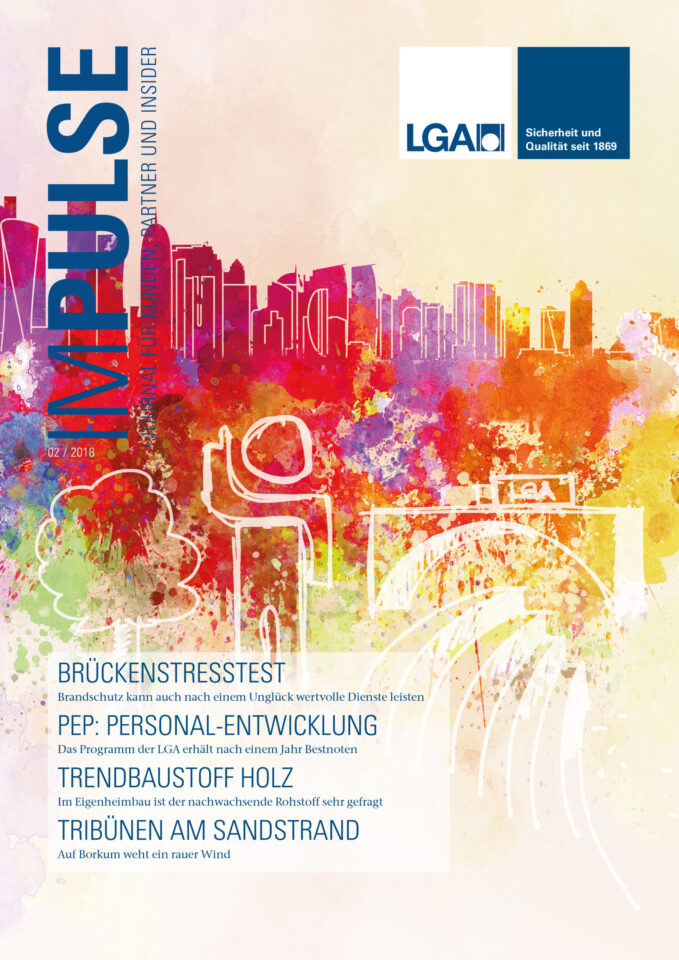 Auf dem Bild ist das farbenfrohe Titelblatt einer Zeitschrift mit dem Namen „IMPULSE“ zu sehen. Die Gestaltung zeigt eine abstrakte, bunte Stadtansicht mit leuchtenden Farben. Der Titel ist vertikal am linken Rand in Blau platziert.