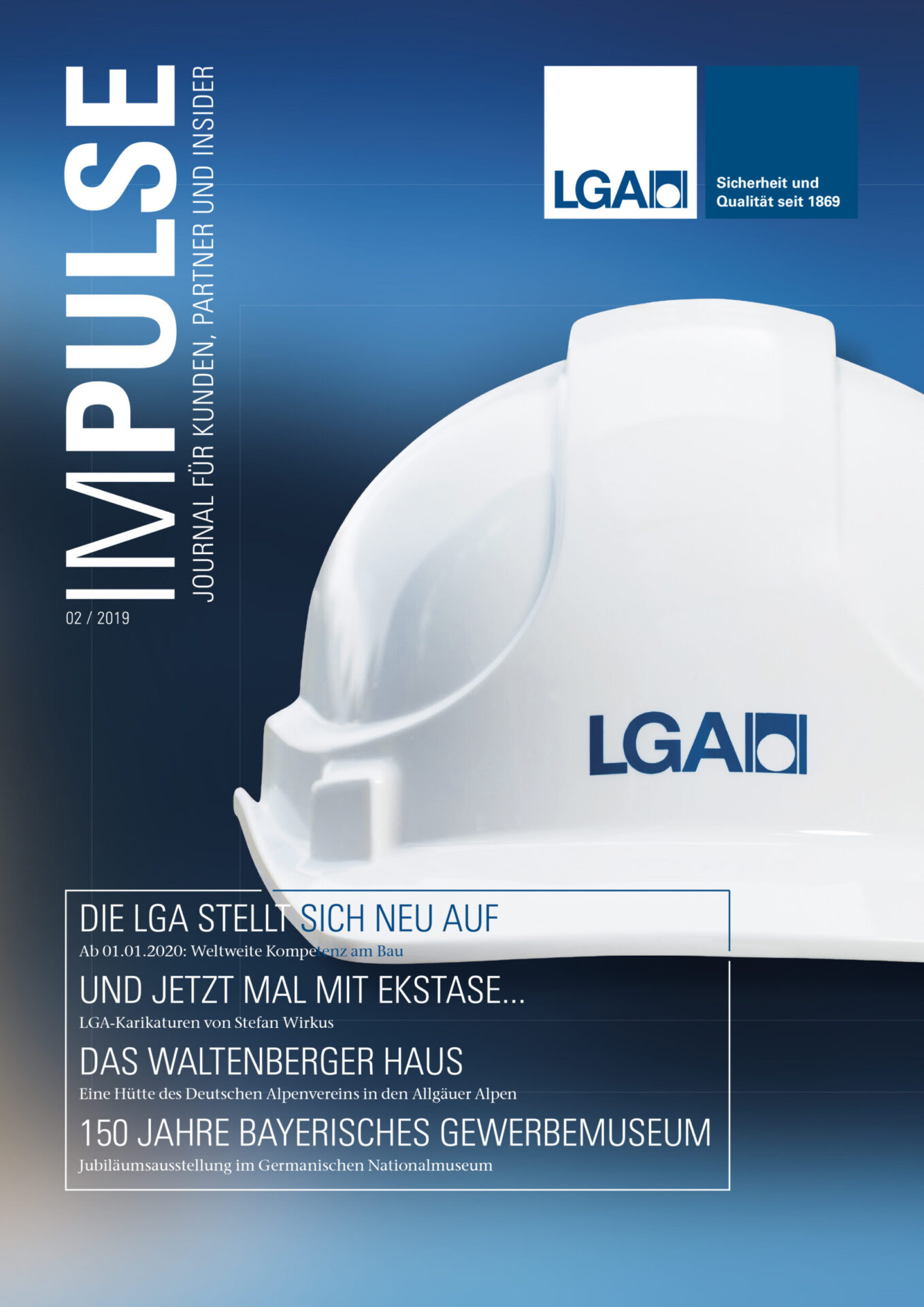 Auf dem Bild ist das Titelblatt einer Zeitschrift mit dem Namen „IMPULSE“ zu sehen. Vor einem blauen Hintergrund ist ein weißer Sicherheitshelm abgebildet. Die Gestaltung wirkt sachlich und modern.
