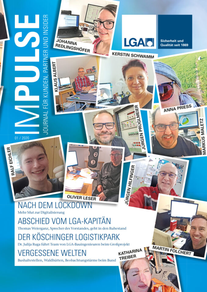 Auf dem Bild ist das Titelblatt einer Zeitschrift mit dem Namen „IMPULSE“ zu sehen. Es zeigt mehrere Selfies von Personen an deren Arbeitsplatz. Die Gestaltung wirkt informativ und thematisiert verschiedene Beiträge rund um Bau, Digitalisierung und Personalwechsel.