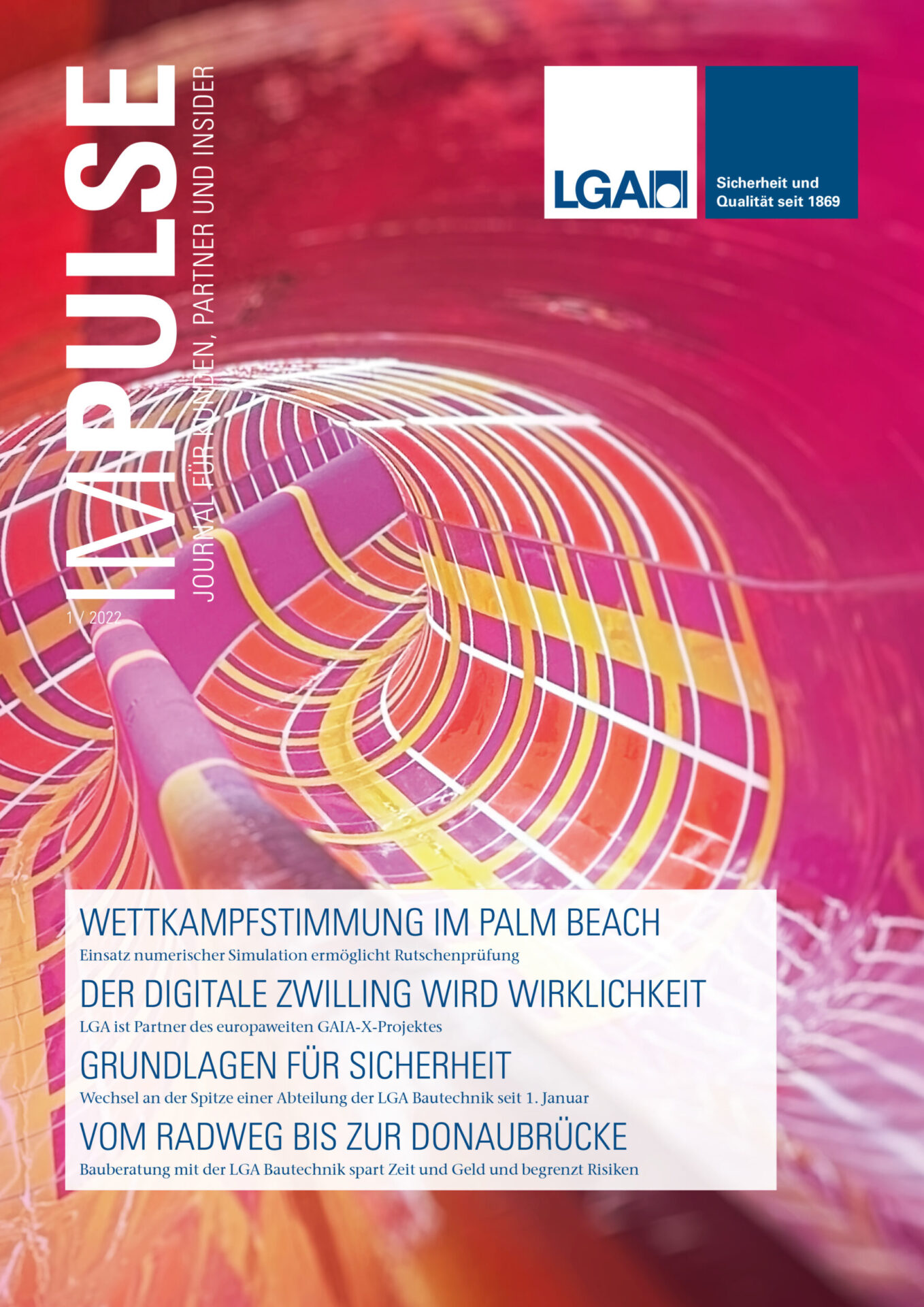 Auf dem Bild ist das Titelblatt einer Zeitschrift mit dem Namen „IMPULSE“ zu sehen. Der Hintergrund zeigt das innere einer Rutsche. Ein farbenfrohes, abstraktes Muster mit geschwungenen Linien und geometrischen Formen in Rosa-, Gelb- und Weißtönen. Die Gestaltung wirkt dynamisch und modern.