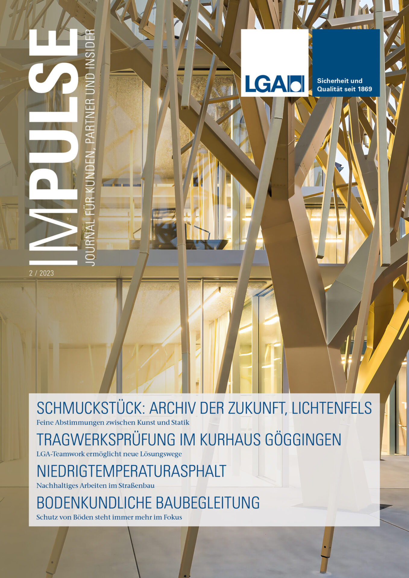 Auf dem Bild ist das Titelblatt einer Zeitschrift mit dem Namen „IMPULSE“ zu sehen. Es zeigt ein architektonisches Bauwerk mit einer filigranen Metallkonstruktion und im Hintergrund ein Gebäude mit gläsernen Elementen. Die Gestaltung wirkt modern und technisch anspruchsvoll.