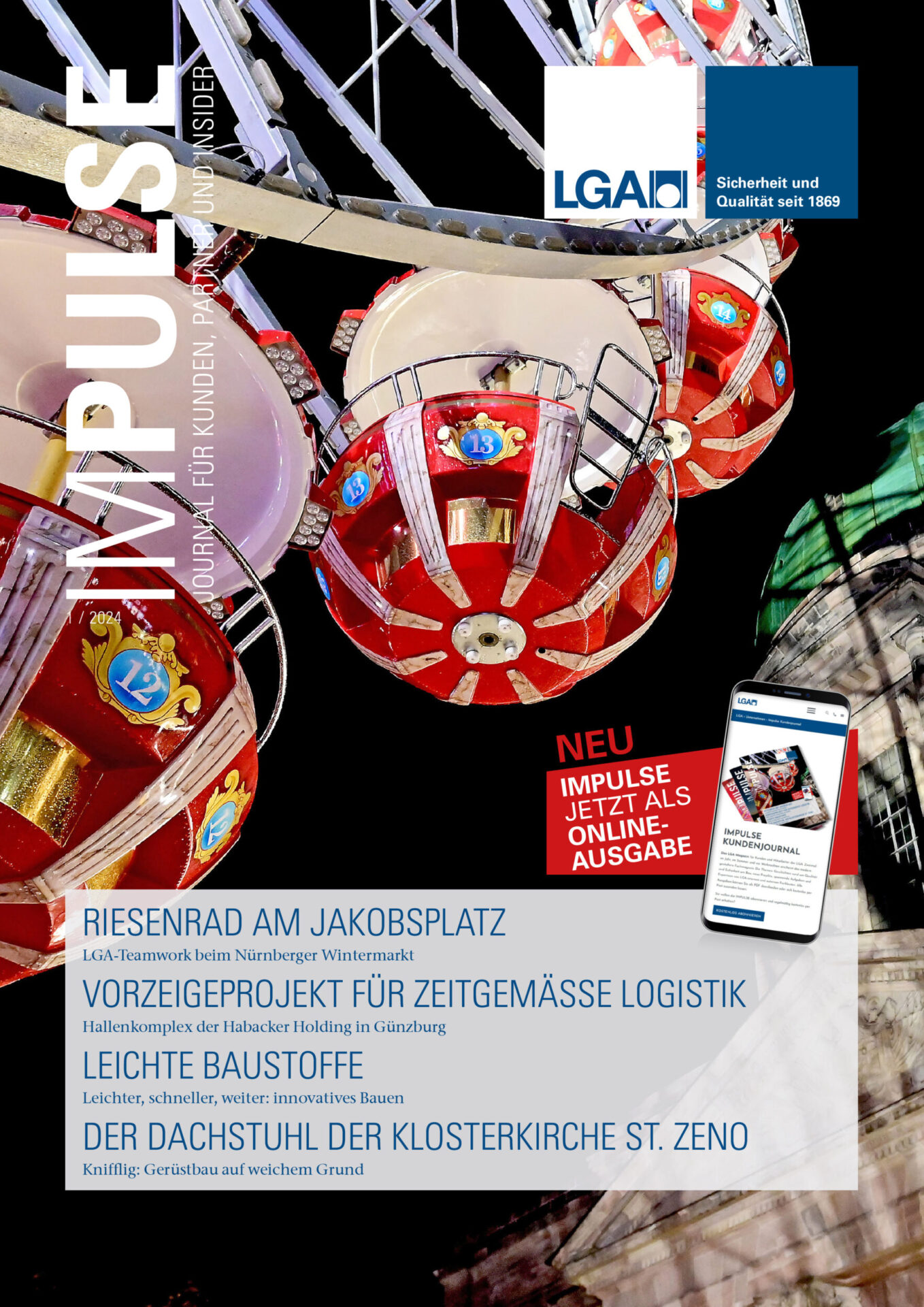 Auf dem Bild ist das Titelblatt einer Zeitschrift mit dem Namen „IMPULSE“ zu sehen. Es zeigt rote und weiße Gondeln eines Riesenrads mit der Zahl 12, aufgenommen aus der Nähe. Die Gestaltung wirkt lebendig und vermittelt eine winterliche Marktstimmung.