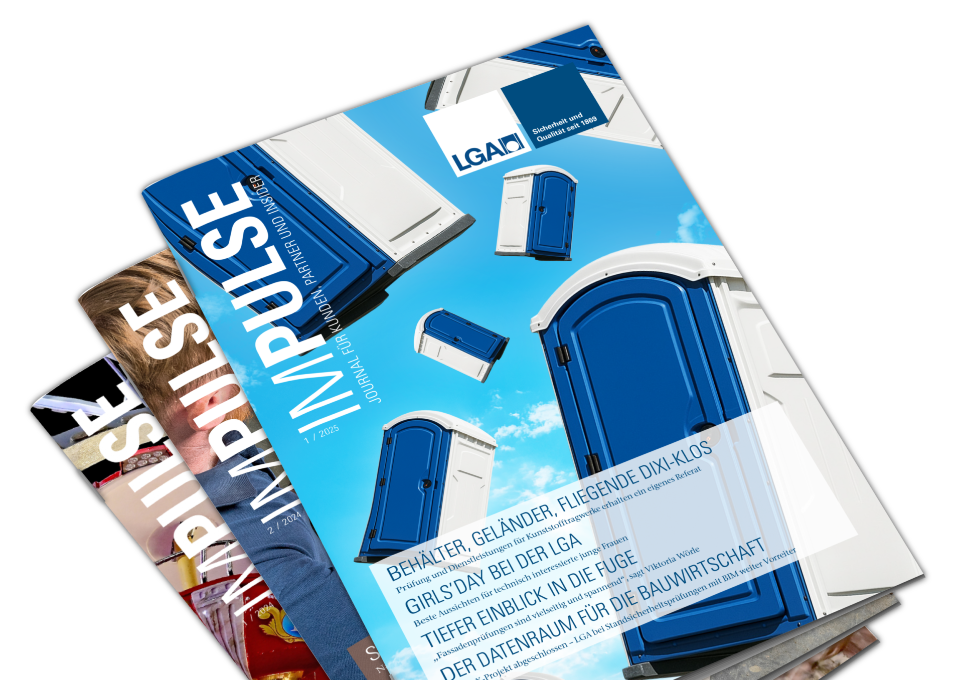 Das Bild zeigt einen Stapel von Zeitschriften, wobei die oberste Ausgabe den Titel „IMPULSE“ trägt. Auf dem Cover sind mehrere mobile Toiletten zu sehen, die vor einem blauen Himmel mit Wolken schweben.
