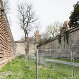 Eine Person führt eine Inspektion an der Nürnberger Stadtmauer durch und untersucht die Steinstruktur; zwischen zwei parallelen Mauern verläuft ein Weg mit Gras und Absperrungen, im Hintergrund sind historische Gebäude mit roten Ziegeldächern zu sehen.