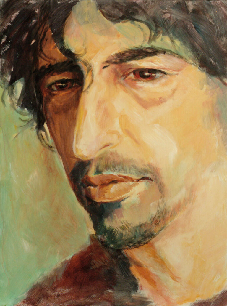 Das Bild zeigt ein Gemälde eines menschlichen Gesichts. Auf der linken Seite ist dunkles, leicht lockiges Haar zu erkennen, der Hintergrund ist grünlich gefärbt. Im unteren Bereich dominieren rötlich-braune Farbtöne.