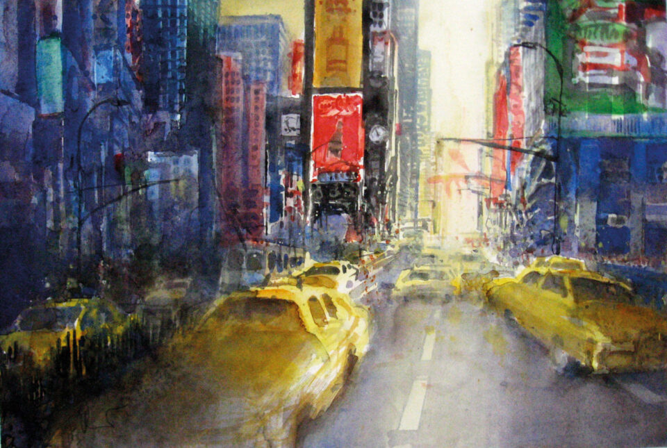Das Bild zeigt ein Gemälde einer belebten Großstadtstraße, vermutlich dem Times Square in New York City. Mehrere gelbe Taxis fahren zwischen hohen Gebäuden mit zahlreichen Werbetafeln und Leuchtreklamen. Die Farbgestaltung ist lebendig mit dominierenden Blau-, Gelb- und Rottönen.