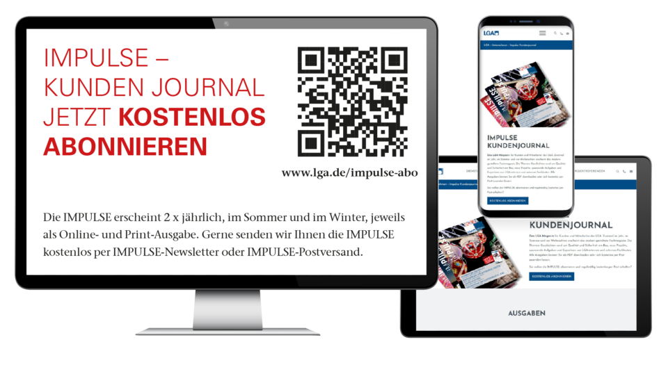 Das Bild zeigt eine Werbegrafik für das Kundenjournal „IMPULSE“ mit einem QR-Code und einem Link zur Abo-Seite. Abgebildet sind ein Monitor, ein Smartphone und ein Tablet, auf denen das Journal zu sehen ist. Der Text informiert über die kostenlose Bestellung der Print- oder Online-Ausgabe.