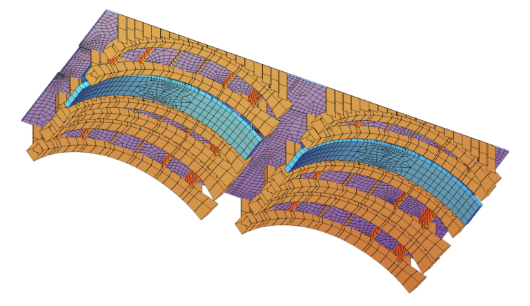 Das Bild zeigt ein farbiges Diagramm von zwei nebeneinanderliegenden, gewölbten Strukturen. Die Bögen bestehen aus verschiedenen geometrischen Formen und sind in mehrere farblich abgesetzte Schichten unterteilt. Farben wie Orange, Lila, Blau und Rot kennzeichnen unterschiedliche Bereiche oder Materialien.