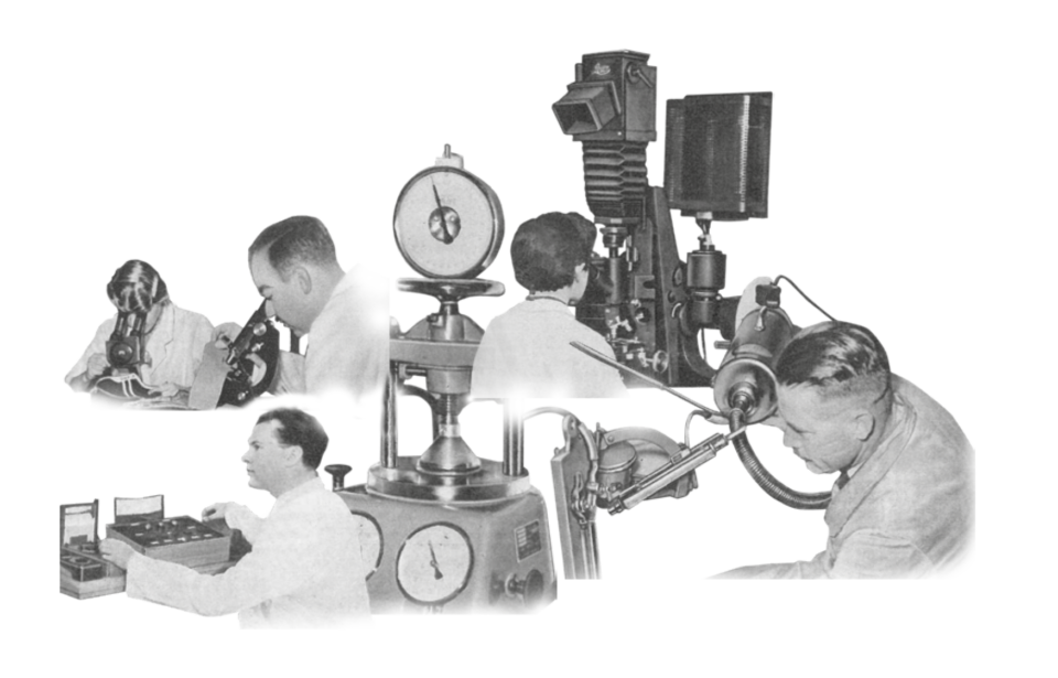 Das Bild zeigt eine Collage mit sechs Personen, die jeweils mit unterschiedlichen wissenschaftlichen und technischen Geräten arbeiten. Links betrachtet eine Person etwas durch ein Mikroskop, daneben wird ein Gerät mit mehreren Anzeigen und Reglern bedient. Weitere Personen nutzen ein historisches Kamerasystem, prüfen technische Geräte mit Skalen oder arbeiten an einer großen, mechanischen Maschine.