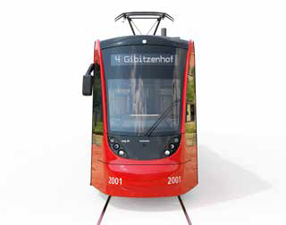 Das Bild zeigt die Frontansicht einer roten Straßenbahn mit der Nummer 2001, die auf beiden unteren Seiten sichtbar ist. Auf dem digitalen Anzeigefeld der Straßenbahn steht das Ziel „4 Gibitzenhof“.