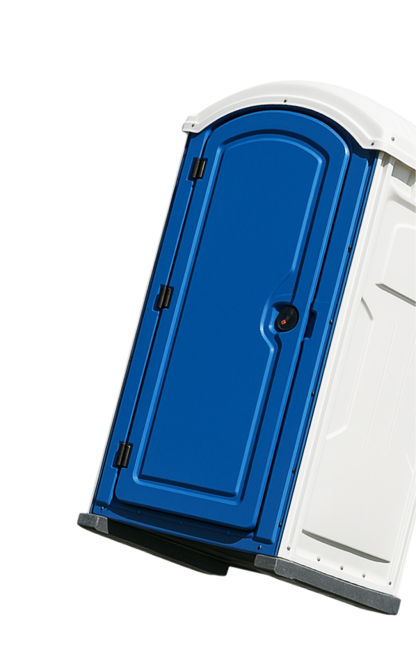 Das Bild zeigt eine mobile Toilette mit blauer Tür und weißen Seitenwänden. Die Tür ist mit schwarzen Scharnieren und einem Griff ausgestattet.