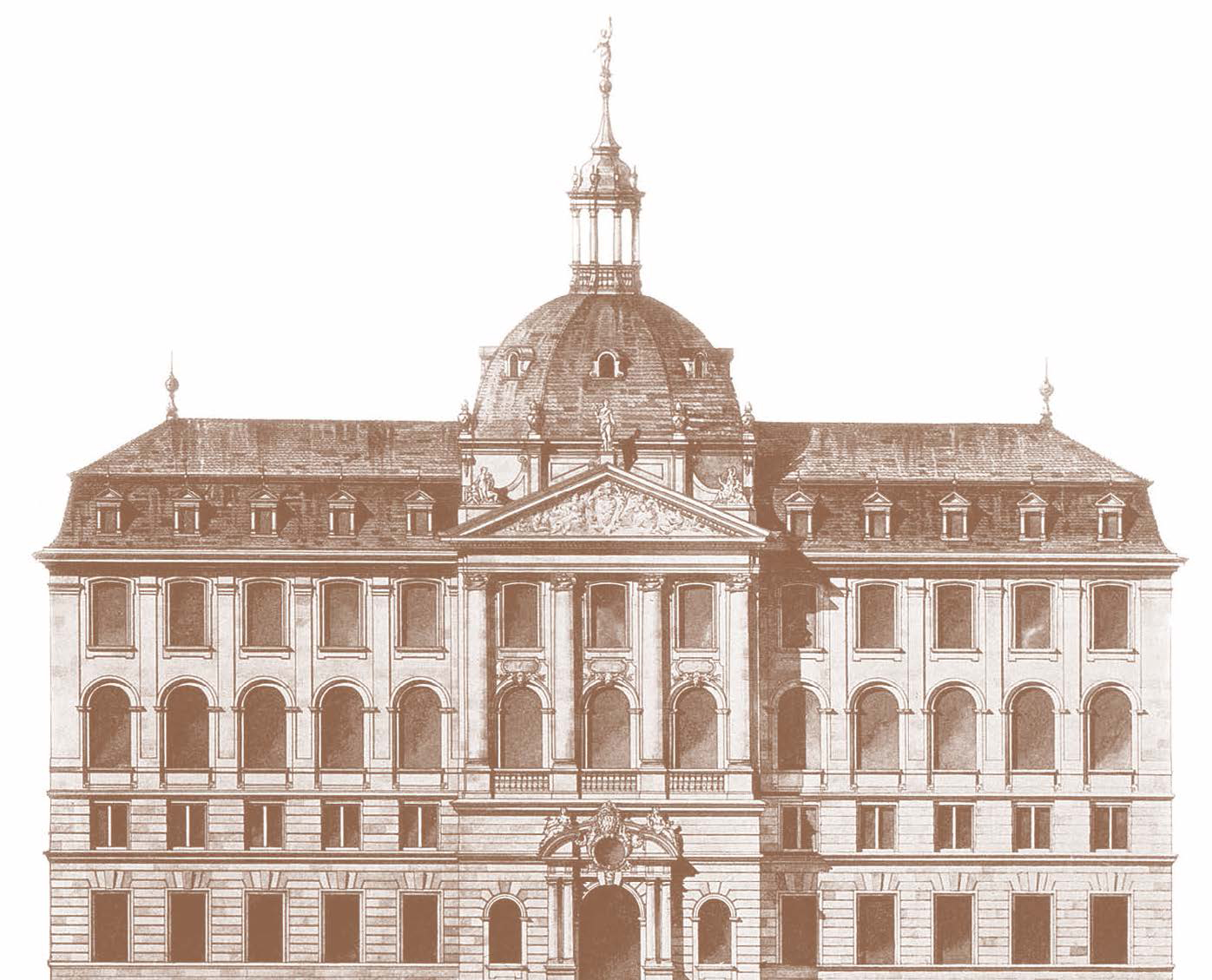 Das Bild zeigt eine detaillierte architektonische Zeichnung eines großen, klassisch gestalteten Gebäudes. Es besitzt mehrere Stockwerke mit zahlreichen Fenstern, darunter Rundbogenfenster im zweiten Stock und rechteckige Fenster in den anderen Etagen. Im Zentrum befindet sich ein prächtiger Eingangsbereich mit Säulen und einem verzierten Giebelfeld, darüber ein kuppelartiger Aufbau mit Spitze. Der Baustil erinnert an historische europäische Architektur.