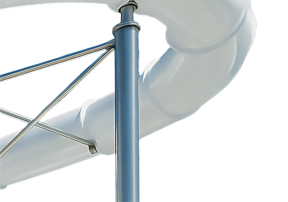 Das Bild zeigt einen Abschnitt eines großen, weißen, gebogenen Rohrs, das von einem Metallgerüst getragen wird. Das Rohr ist vermutlich Teil einer Außenkonstruktion wie einer Wasserrutsche. Das Gerüst besteht aus senkrechten und diagonalen Streben zur Stabilisierung.