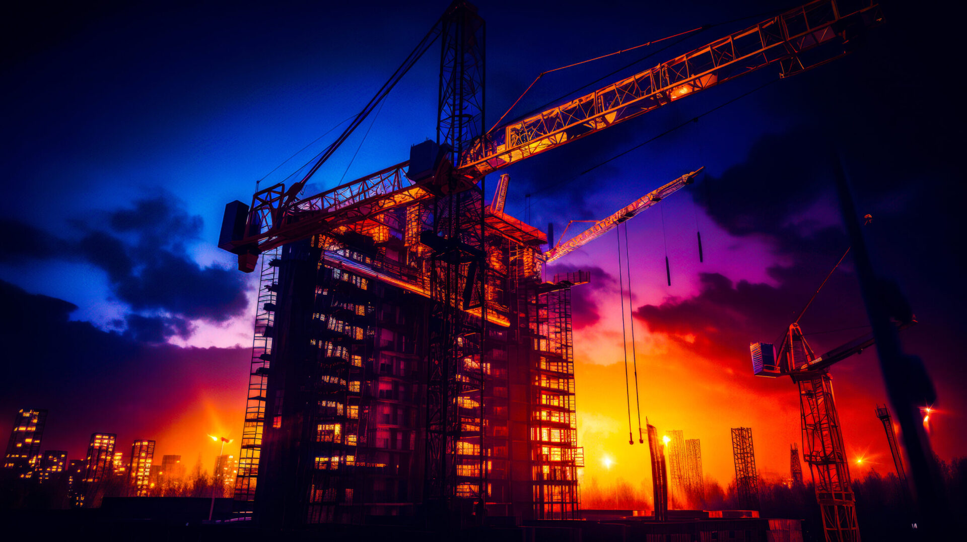 Das Bild zeigt eine Baustelle bei Sonnenauf- oder -untergang mit mehreren Kränen und einem teilweise errichteten Gebäude. Der Himmel ist in kräftigen Blau-, Violett- und Orangetönen gefärbt, und das Bauwerk wird von künstlichem Licht beleuchtet. Im Hintergrund sind weitere Gebäude und Kräne als Silhouetten sichtbar.