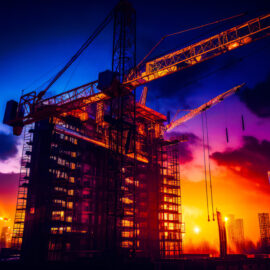 Das Bild zeigt eine Baustelle bei Sonnenauf- oder -untergang mit mehreren Kränen und einem teilweise errichteten Gebäude. Der Himmel ist in kräftigen Blau-, Violett- und Orangetönen gefärbt, und das Bauwerk wird von künstlichem Licht beleuchtet. Im Hintergrund sind weitere Gebäude und Kräne als Silhouetten sichtbar.