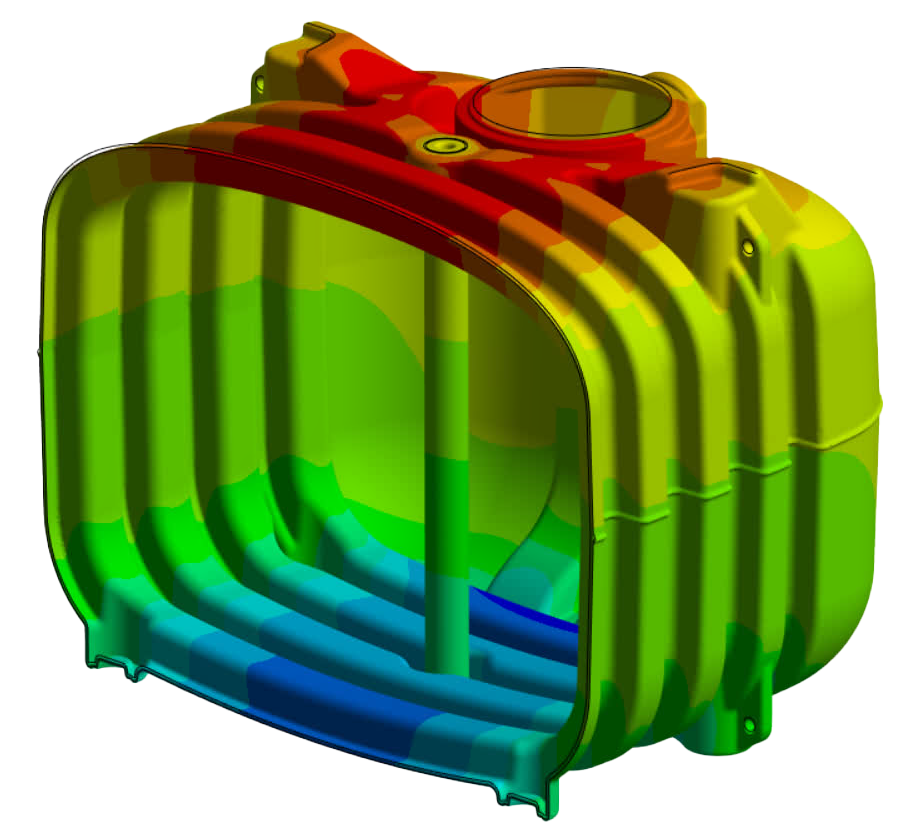 Das Bild zeigt ein 3D-Modell eines Tanks oder Behälters mit einer Farbverlauf-Darstellung von Rot oben bis Blau unten, die unterschiedliche Spannungs- oder Druckverteilungen anzeigt. Der Behälter hat gerippte Seiten und eine offene, kreisförmige Öffnung an der Oberseite.