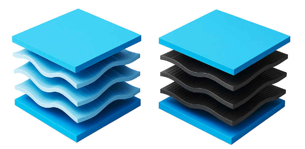 Das Bild zeigt zwei übereinandergeschichtete Materialstapel. Der linke Stapel besteht aus abwechselnd blauen und hellblauen gewellten Schichten mit einer durchgehenden blauen Schicht oben und unten. Der rechte Stapel zeigt abwechselnd blaue und schwarze gewellte Schichten, ebenfalls mit einer durchgehenden blauen Schicht oben und unten.