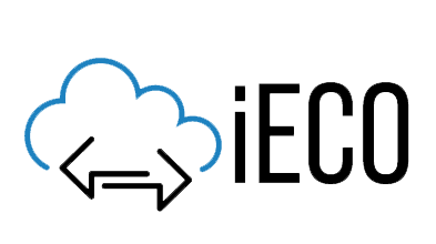 Das Bild zeigt ein Logo mit einer blauen und schwarzen Umrisslinie in Form einer Wolke, in der zwei Pfeile nach links und rechts zeigen. Rechts neben der Wolke steht der Schriftzug iECO in schwarzer Schrift.