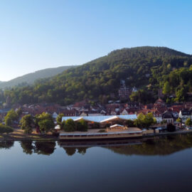 Das Bild zeigt eine Panoramaansicht einer malerischen Stadt am Fluss mit zahlreichen Gebäuden und roten Ziegeldächern. Links überspannt eine steinerne Bogenbrücke den Fluss, rechts liegen zwei große weiße Boote am Ufer. Im Hintergrund sind bewaldete Hügel und ein klarer blauer Himmel mit leichten Wolken zu sehen.