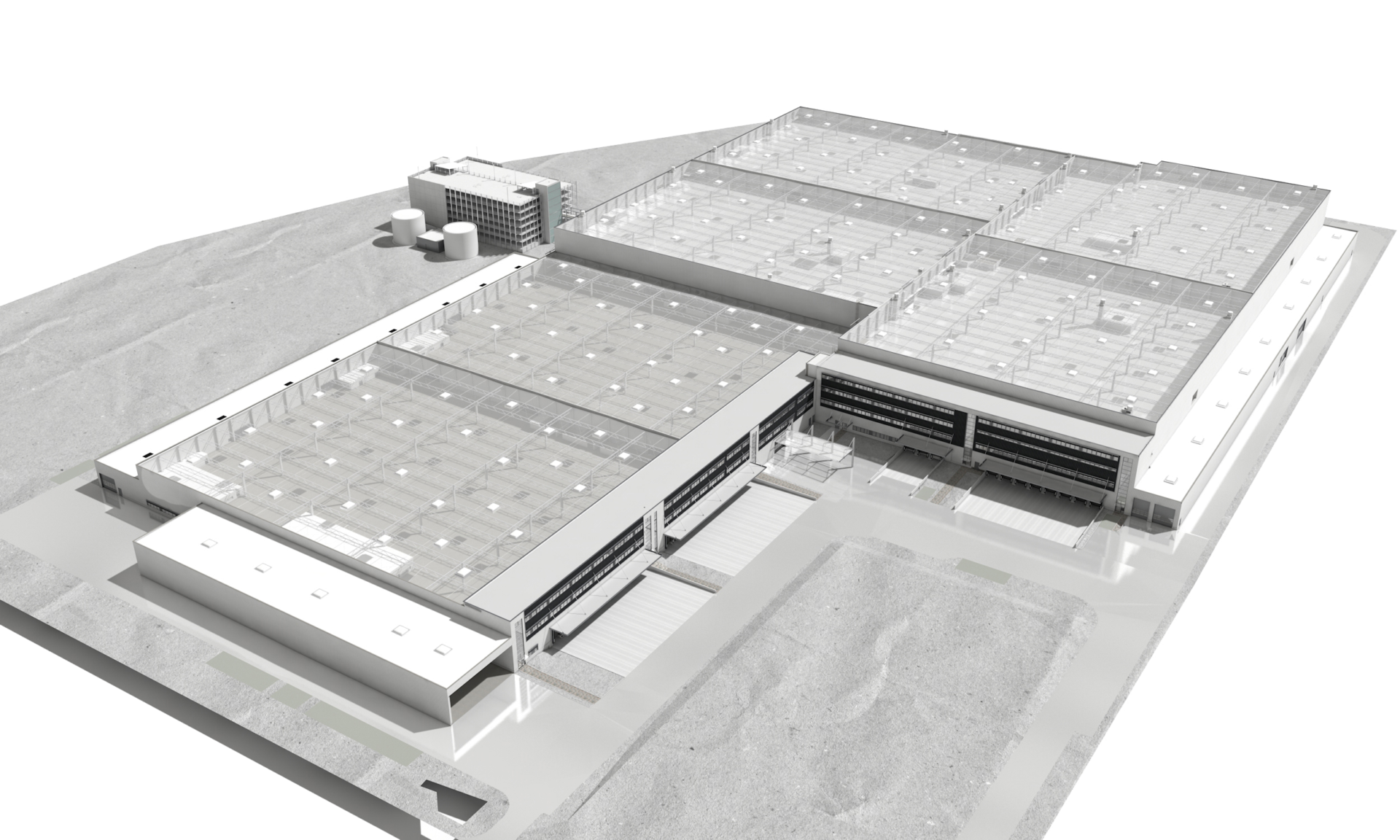 Das Bild zeigt eine Grafik einer Luftaufnahme eines großen Industrie- oder Gewerbekomplexes mit mehreren flachen Hallenbauten, die zahlreiche Oberlichter auf den Dächern haben. In der Nähe befindet sich ein kleineres Gebäude mit zylindrischen Tanks, vermutlich für Lagerung oder technische Anlagen. Der Boden rund um die Gebäude ist größtenteils befestigt oder geschottert.