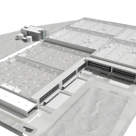 Das Bild zeigt eine Grafik einer Luftaufnahme eines großen Industrie- oder Gewerbekomplexes mit mehreren flachen Hallenbauten, die zahlreiche Oberlichter auf den Dächern haben. In der Nähe befindet sich ein kleineres Gebäude mit zylindrischen Tanks, vermutlich für Lagerung oder technische Anlagen. Der Boden rund um die Gebäude ist größtenteils befestigt oder geschottert.