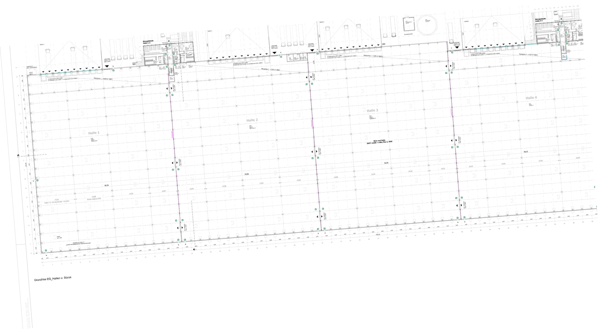 Das Bild zeigt einen technischen Grundrissplan, der in mehrere Bereiche unterteilt ist, darunter Halle 1 bis Halle 4. Die Zeichnung enthält Rasterlinien, Maßangaben und Symbole für bauliche Elemente. Ergänzende Beschriftungen liefern weitere Informationen zur Struktur und Gestaltung der Hallen.