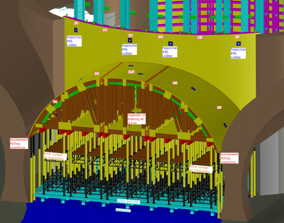 Das Bild zeigt ein technisches Diagramm einer Bogenbrücke im Bauzustand. Dargestellt sind verschiedene Bauteile wie der Brückenbogen, Träger und Gerüste, ergänzt durch technische Beschriftungen. Die Zeichnung vermittelt einen strukturellen Überblick über den Aufbau und die Konstruktionselemente der Brücke.