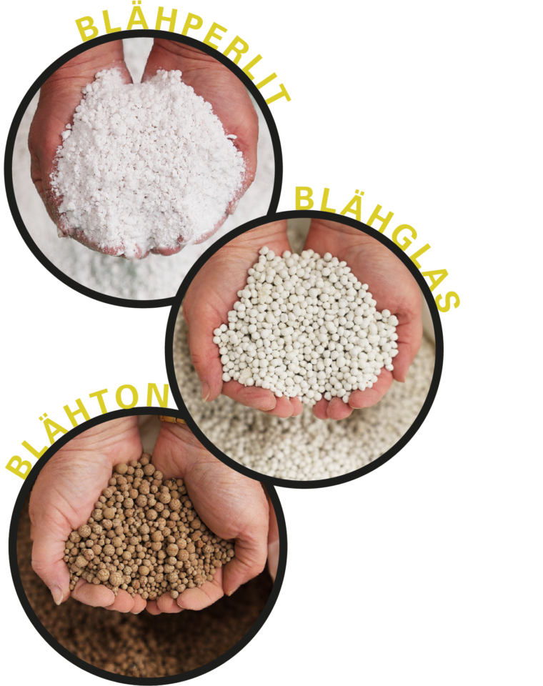 Das Bild zeigt drei kreisförmige Fotos von verschiedenen Materialien, die jeweils in Händen gehalten werden. Oben ist ein weißes, grobkörniges Material zu sehen, in der Mitte kleine, weiße Kügelchen und unten braune, runde Körner. Die Materialien unterscheiden sich deutlich in Farbe und Struktur.